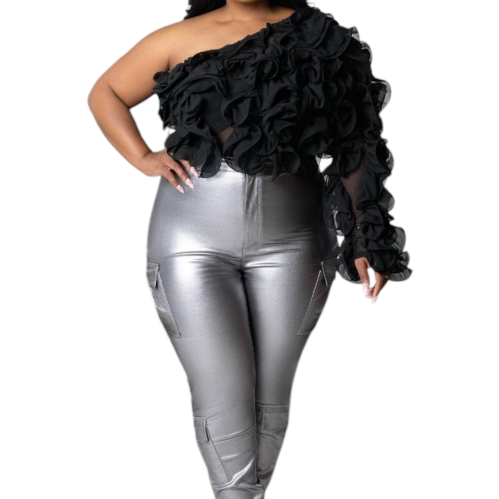 Midnight Bloom One-Shoulder Ruffle Crop Top Plus Size Black - Picture 8 of 8
